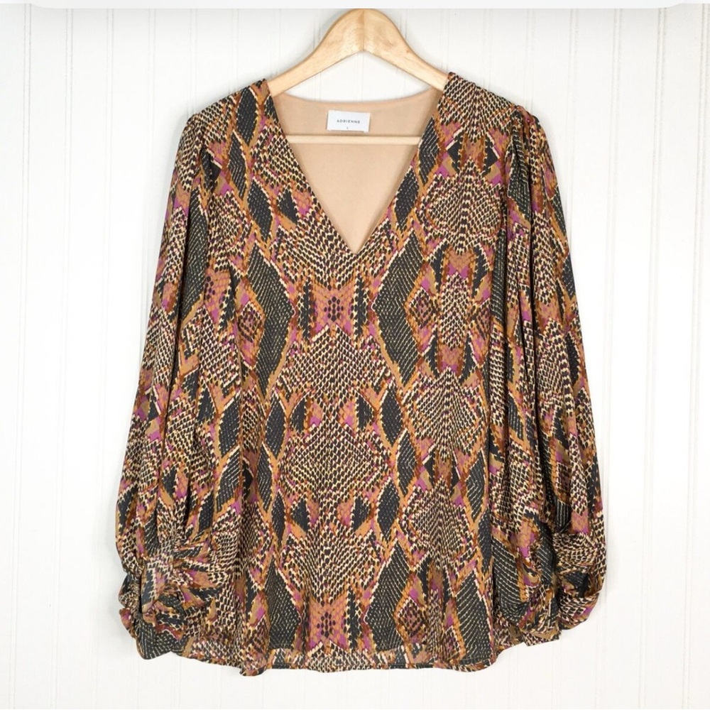 Adrienne Brown and Orange Puff Sleeve Blouse